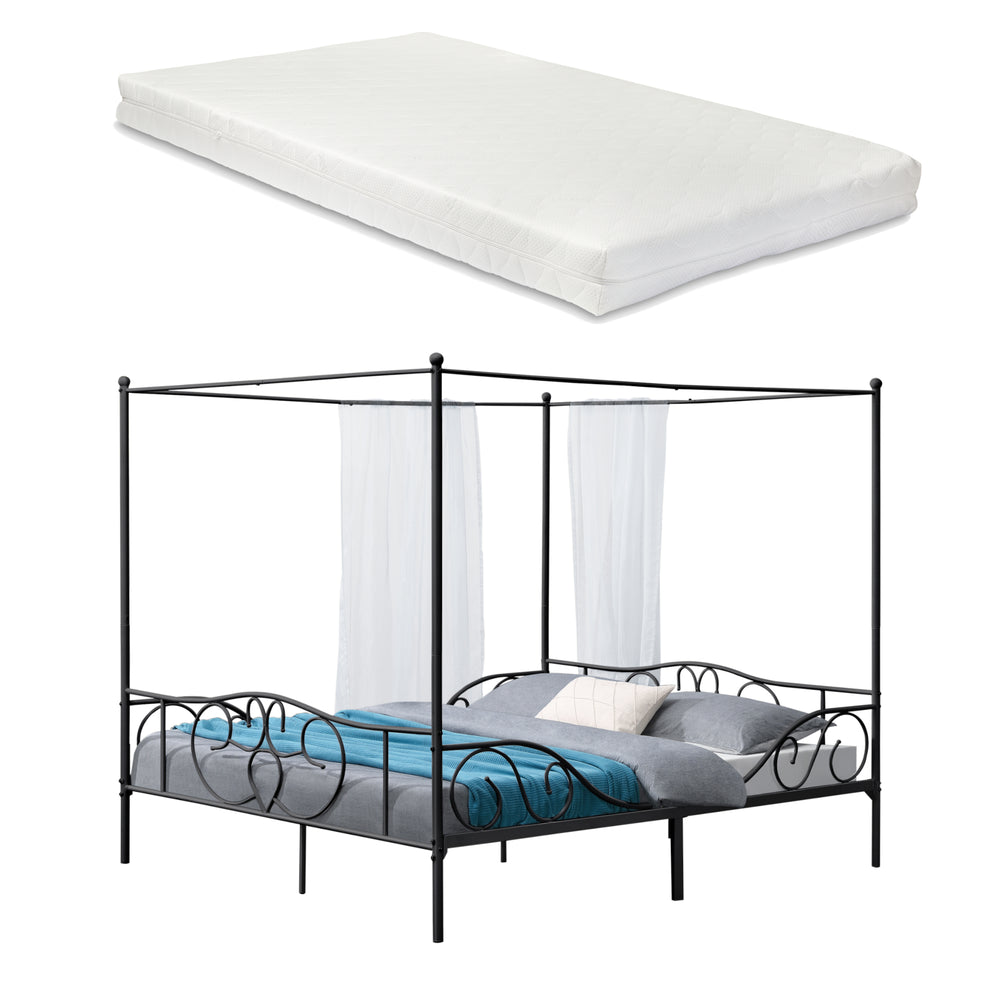 Himmelbett Finström aus Stahl mit Kaltschaummatratze [en.casa]