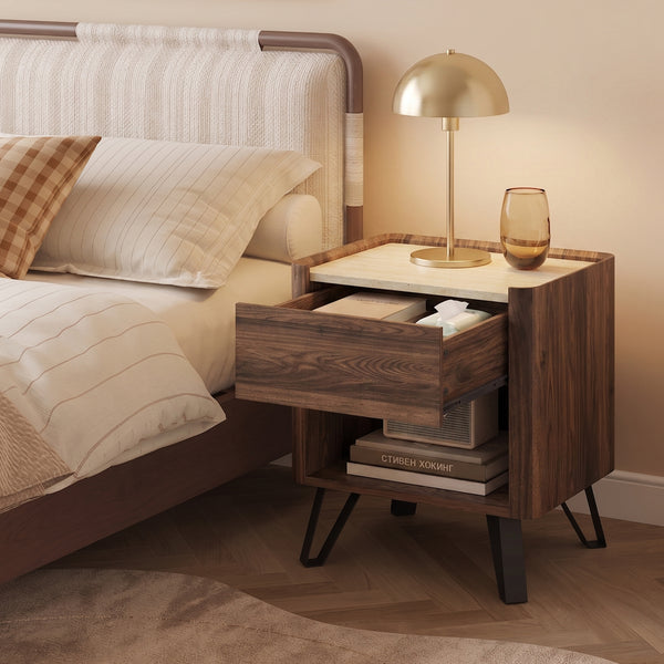Nachttisch Trorlon 55x50x40 cm Walnussoptik/Travertin [en.casa]