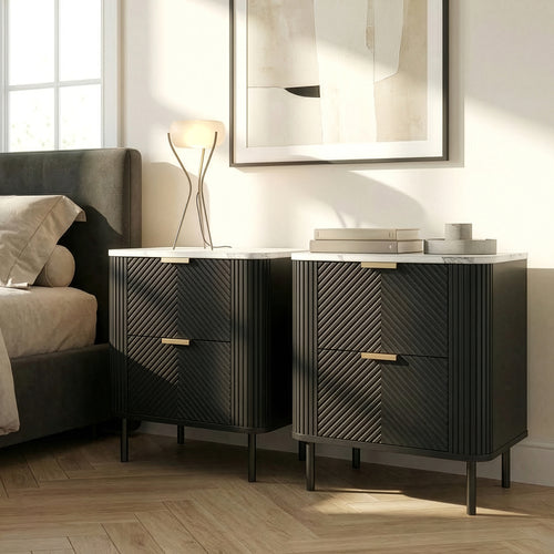 Nachttisch Olvehok 2er Set 55x52x38 cm Schwarz/Marmoroptik, weiß [en.casa]