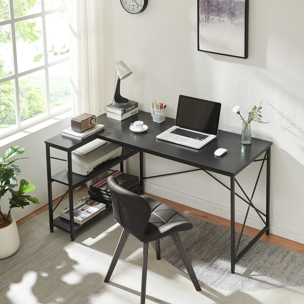 Schreibtisch Raundsvalt mit 1 Regal L - förmig 137x88x75 cm Schwarz [en.casa] - premiumXL