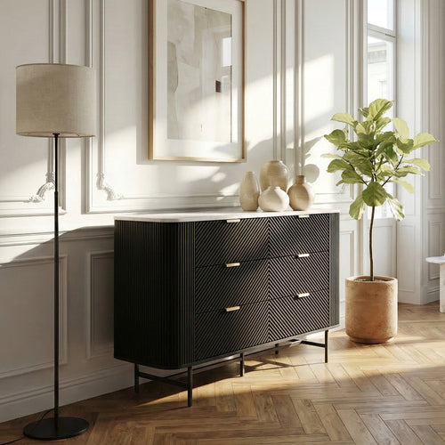 Kommode Olvehok 120x40x81 cm Schwarz/Marmoroptik, weiß [en.casa]