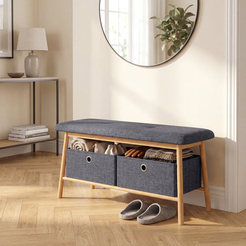 Sitzbank Vad mit 2 Aufbewahrungsboxen 90x30x45 cm Natur/Grau [en.casa]