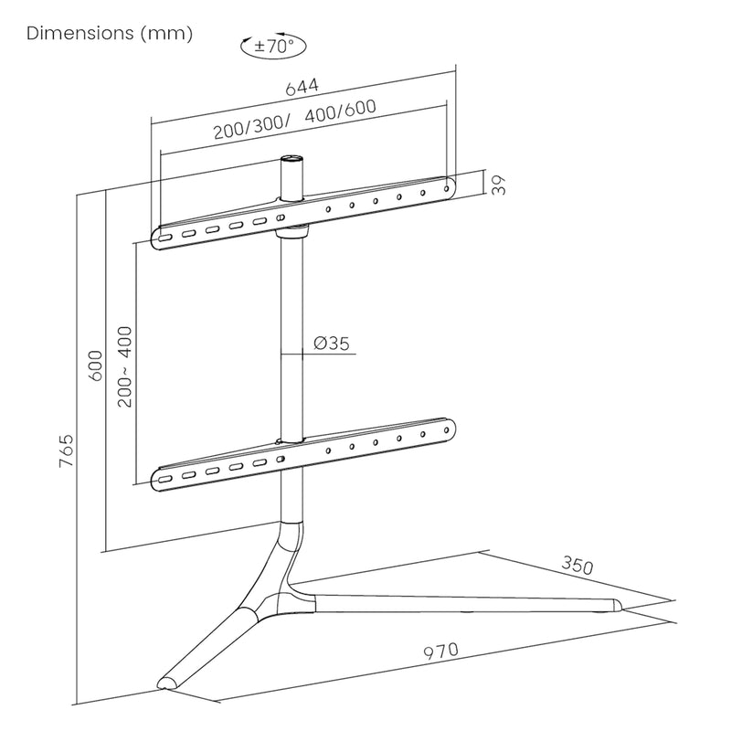 Maßskizze TV-Standfuß Ystad 76,5x97x35cm [pro.tec]