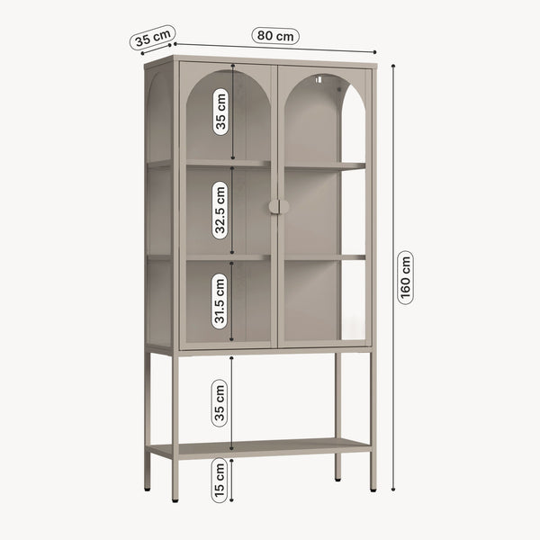 Vitrinenschrank Klippestad Stahl 160x80x35 cm Warmgrau [en.casa]