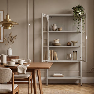 Vitrinenschrank Klippestad Stahl 160x80x35 cm Warmgrau [en.casa]