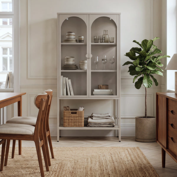 Vitrinenschrank Klippestad Stahl 160x80x35 cm Warmgrau [en.casa]