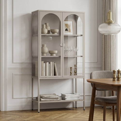 Vitrinenschrank Klippestad Stahl 160x80x35 cm Warmgrau [en.casa]