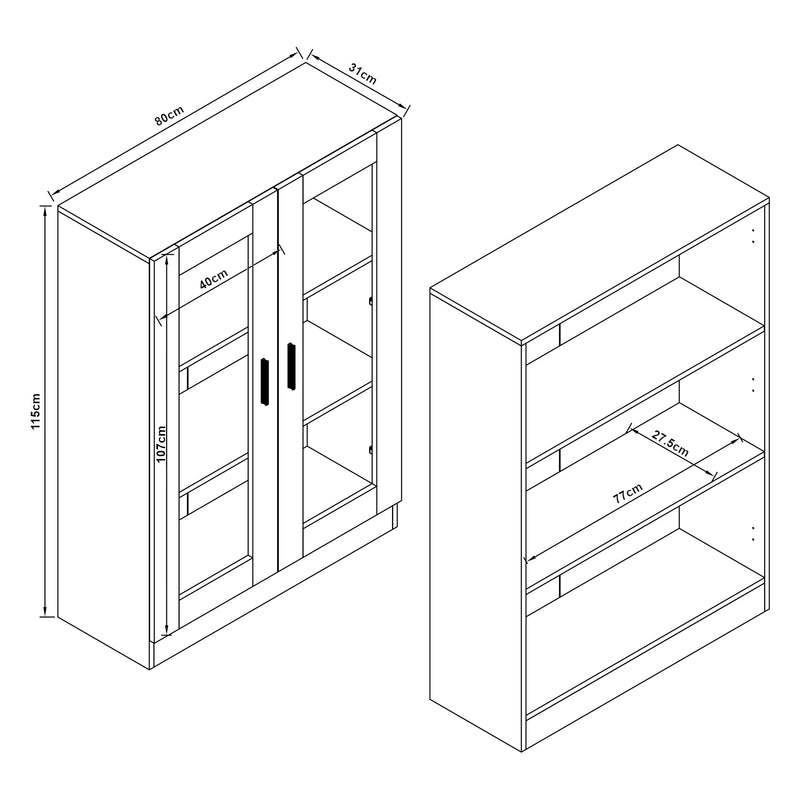 Maßskizze Vitrinenschrank Sorø 80x31x115cm in versch. Farben [en.casa]