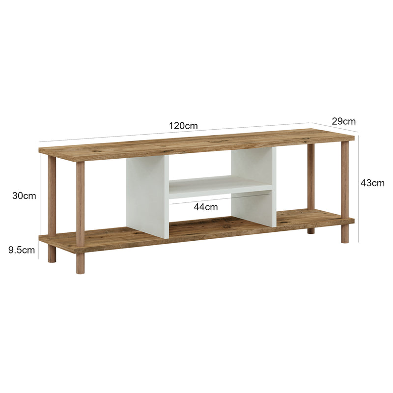 Maßskizze Fernsehtisch Ærøskøbing mit 2 Ablagefächern 43x120x29 cm versch. Farben [en.casa]
