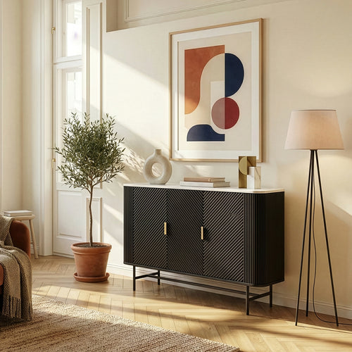 Sideboard Olvehok 110x40x77 cm Schwarz/Marmoroptik, weiß [en.casa]